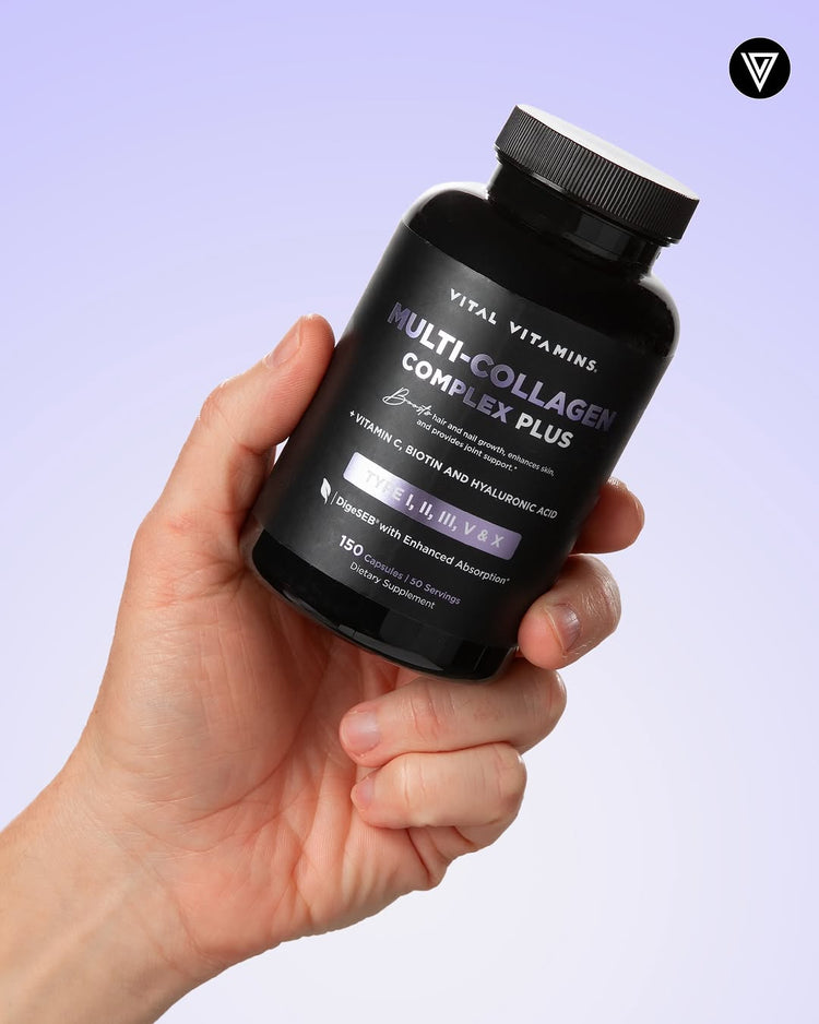 Hand holding Vital Vitamins Multi-Collagen Complex Plus bottle with Types I, II, III, V and X on a soft lavender background