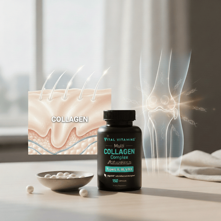 Vital Vitamins Multi Collagen Complex bottle with capsules beside skin-layer and knee-joint illustrations, for skin and joint support