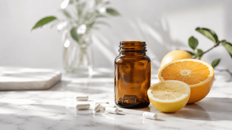 Amber supplement bottle with white capsules and fresh citrus, representing liposomal glutathione and antioxidant support