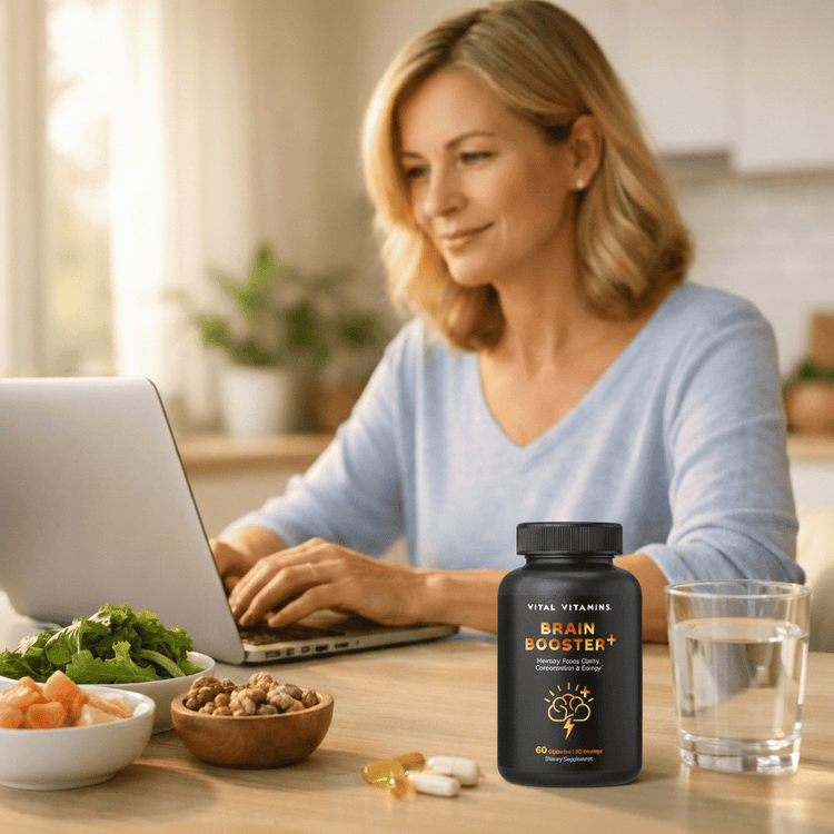 Woman working on a laptop with a Vital Vitamins Brain Booster+ bottle, greens and nuts nearby, for mental clarity and focus