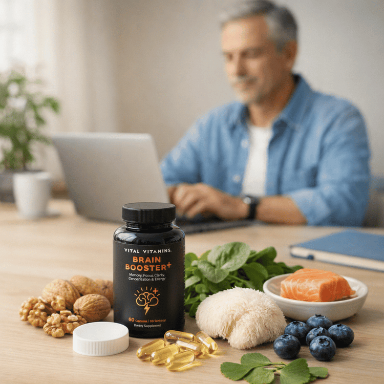 Vital Vitamins Brain Booster+ bottle with lion's mane, walnuts, blueberries, salmon and ginkgo, for key brain-supporting ingredients