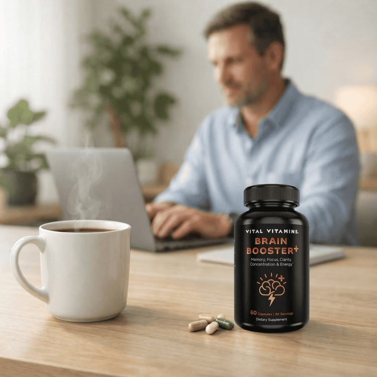 Vital Vitamins Brain Booster+ bottle and capsules beside a steaming cup of coffee as a man works on a laptop, comparing focus options