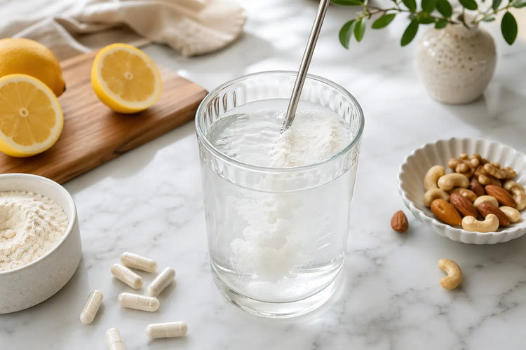 White collagen powder being stirred into a glass of water on marble with capsules, lemons and mixed nuts, for daily collagen use