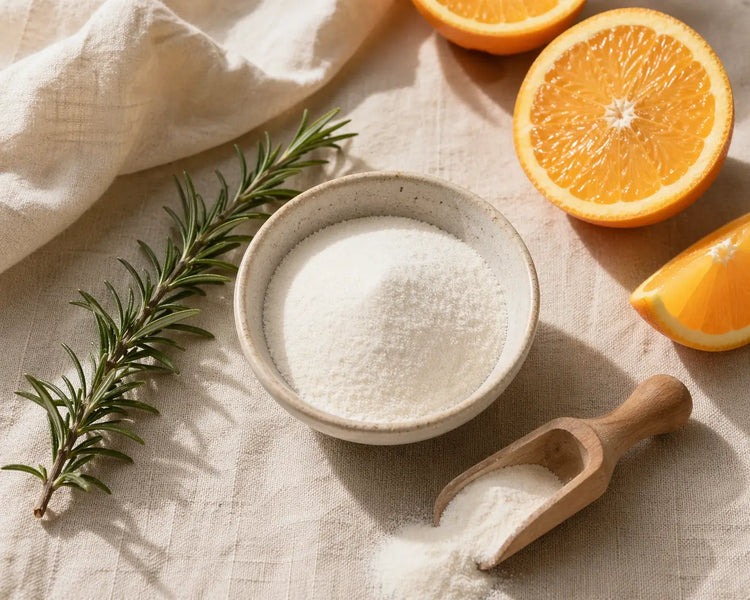Flat lay of a ceramic bowl of white collagen powder with a wooden scoop, rosemary and fresh oranges on a linen surface