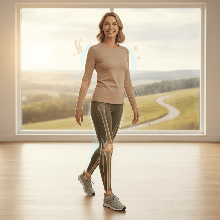 Smiling woman in activewear walking indoors with a glowing leg-bone graphic over her knee, for collagen and joint support