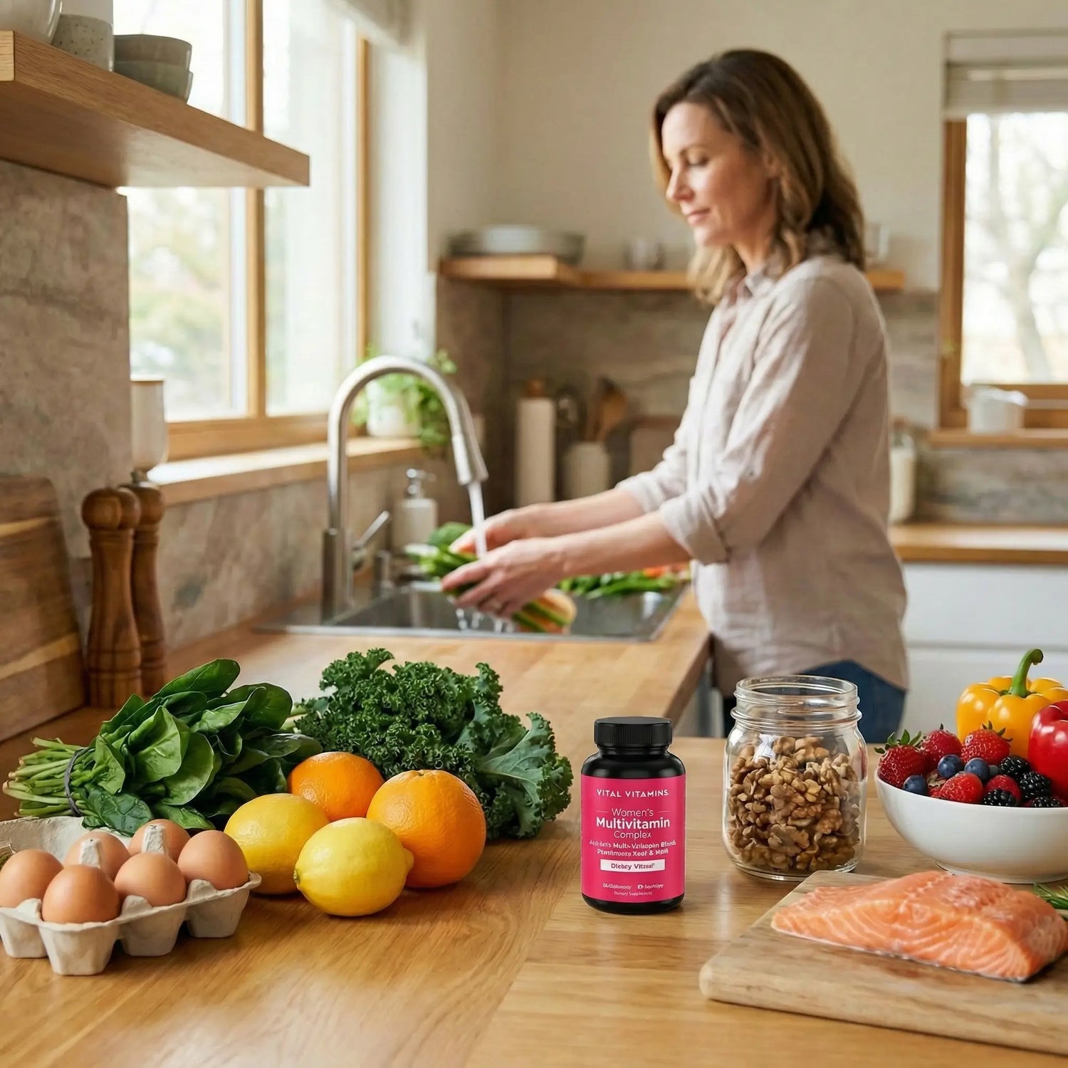 Vital Vitamins Women's Multivitamin bottle on a kitchen counter with eggs, greens, citrus, walnuts and salmon, for daily nutrition