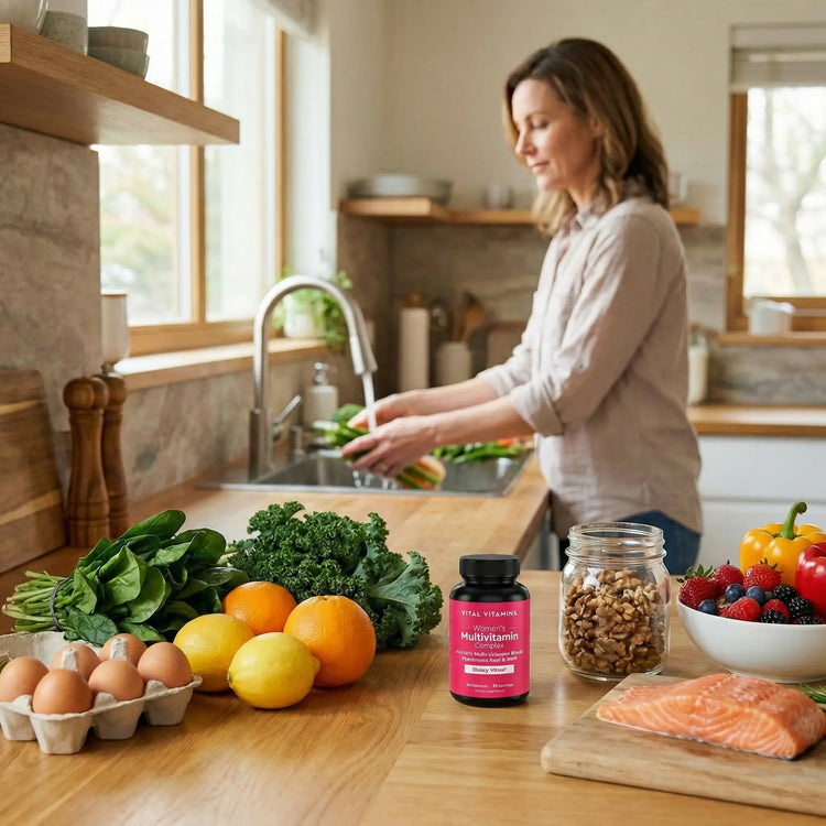 Vital Vitamins Women's Multivitamin bottle on a kitchen counter with eggs, greens, citrus, walnuts and salmon, for daily nutrition