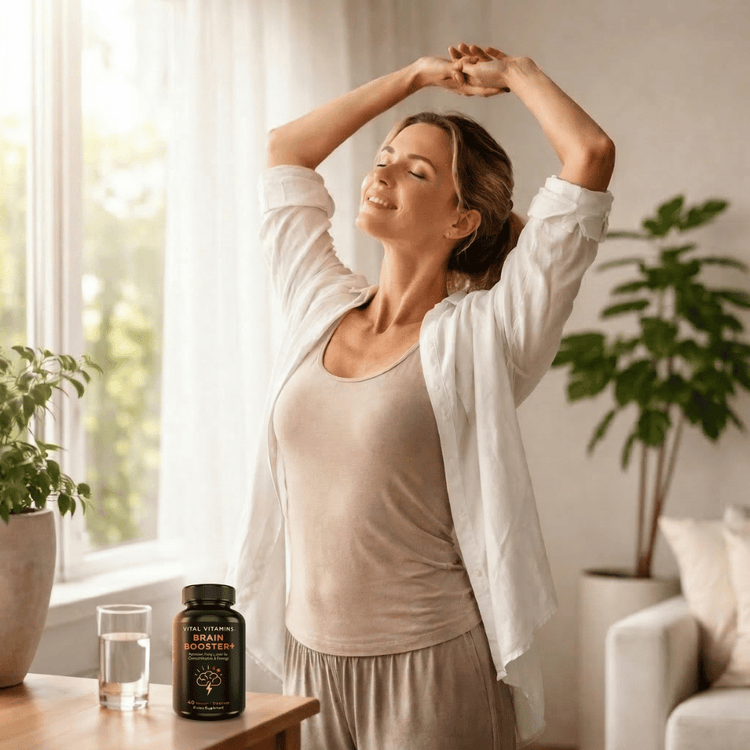 Woman stretching in a sunlit room beside a Vital Vitamins Brain Booster+ bottle and glass of water, for a natural focus routine