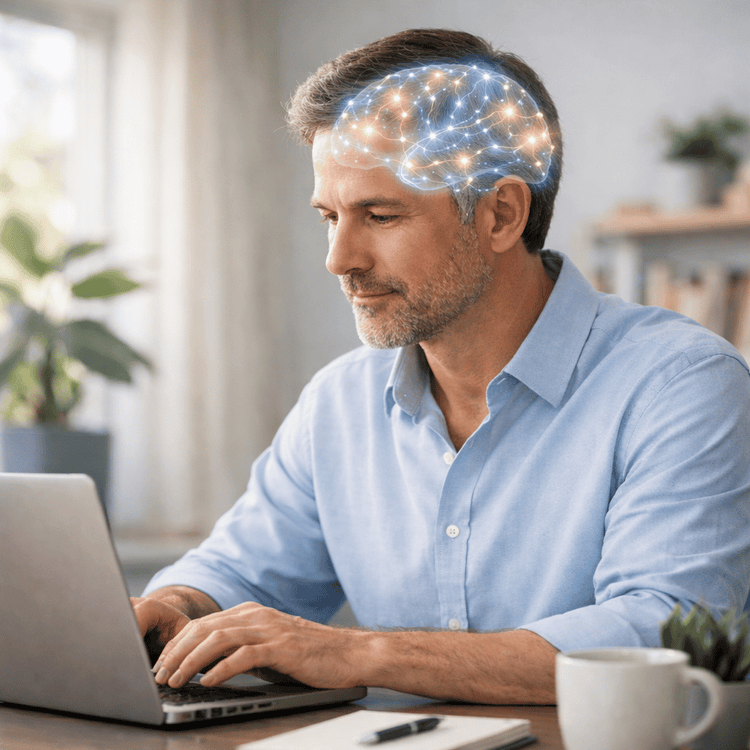 Man working on a laptop in a bright home office with a glowing neural-network brain overlay, illustrating brain chemistry