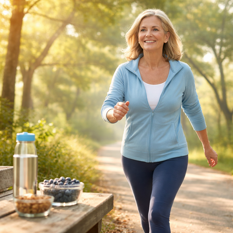 Active woman walking a sunlit tree-lined path with blueberries and nuts on a bench nearby, for healthy aging and memory support