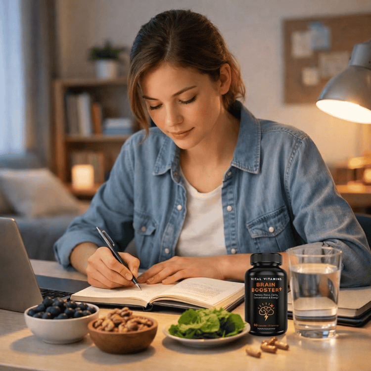 Young woman studying at a warmly lit desk with a Vital Vitamins Brain Booster+ bottle, blueberries, walnuts and greens, for study focus