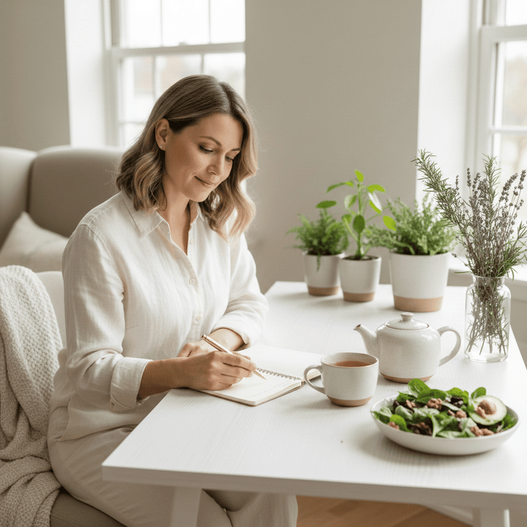 Woman journaling at a sunlit table with herb pots, a teapot, tea and a fresh green salad, for a mindful memory-support routine