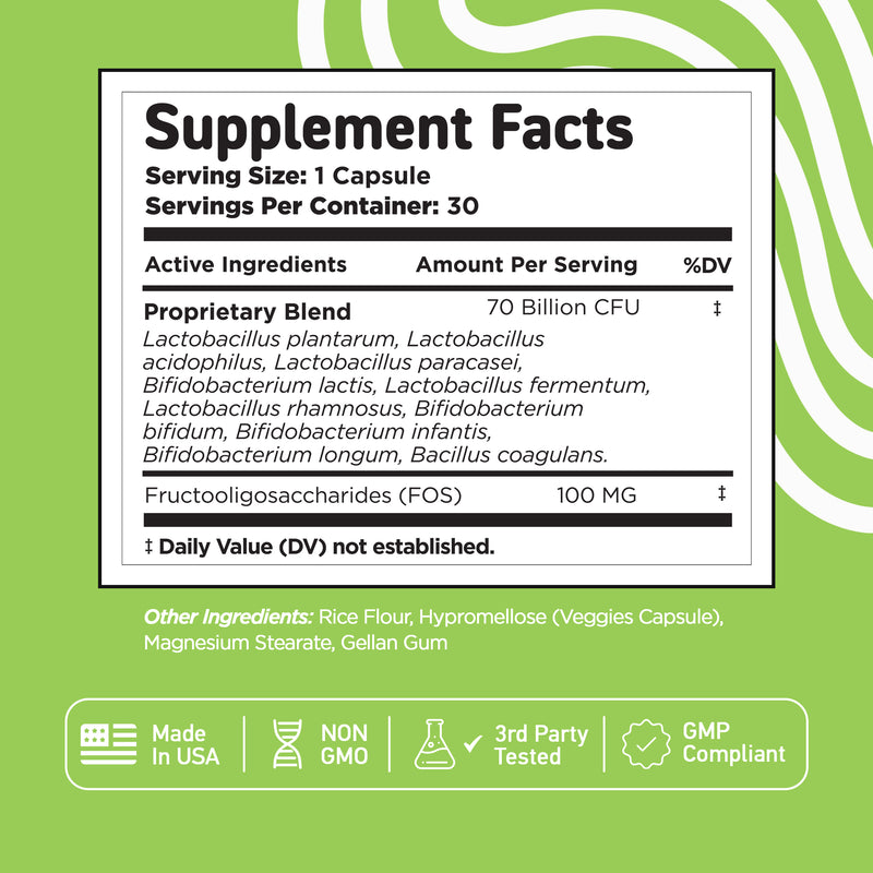 Vital Vitamins Probiotic Complex supplement facts - 70 billion CFU proprietary blend of 9 strains plus 100 mg FOS prebiotic