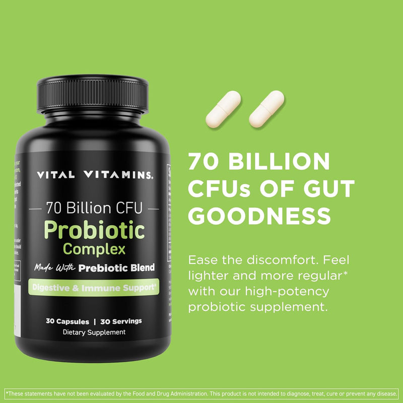 Vital Vitamins Probiotic Complex bottle with capsules on a green background - 70 billion CFUs of gut goodness