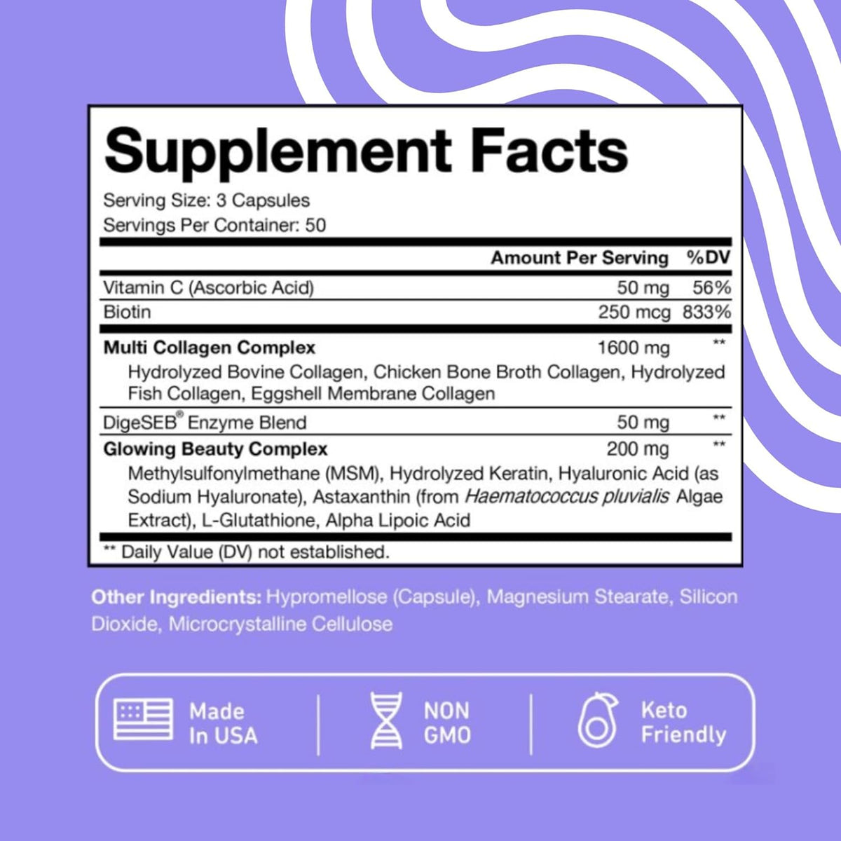 Vital Vitamins Multi-Collagen Complex Plus supplement facts - vitamin C, biotin, multi collagen blend and Glowing Beauty Complex