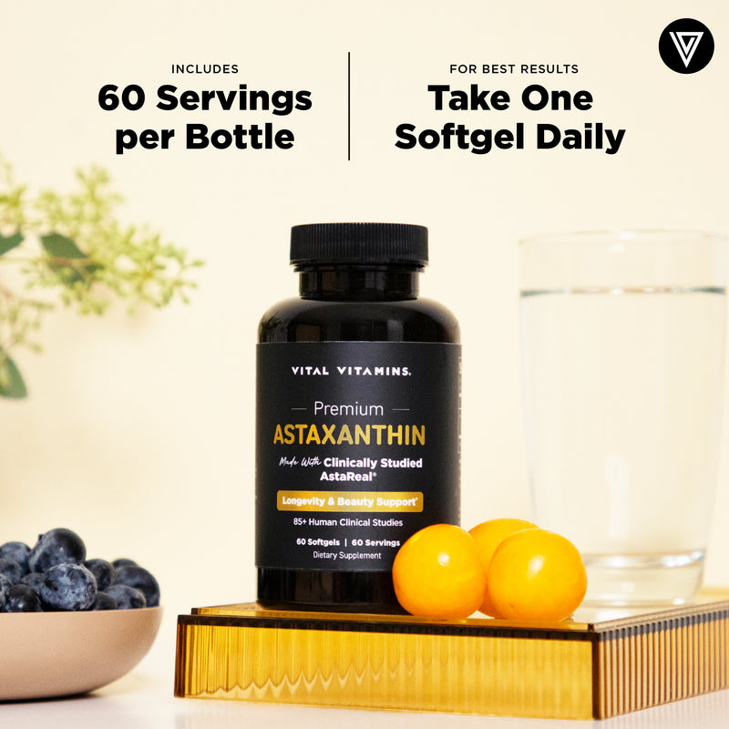 Vital Vitamins Astaxanthin bottle - 60 servings per bottle, take one softgel daily with food for antioxidant support