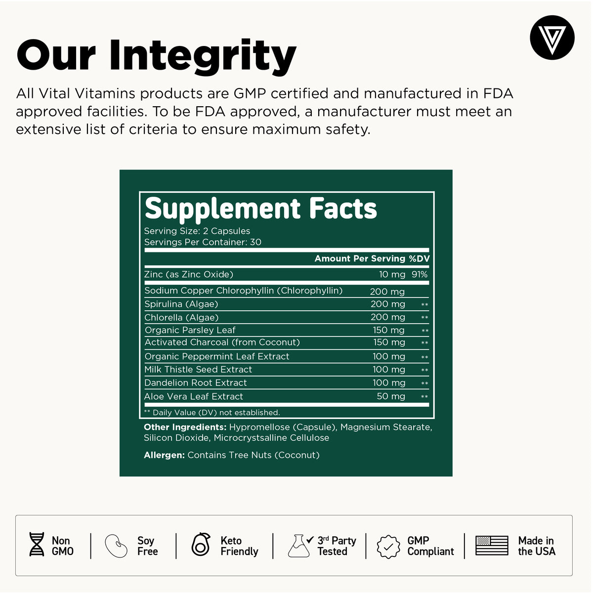 Vital Vitamins Chlorophyll Complex supplement facts - chlorophyllin 200mg, spirulina 200mg, chlorella 200mg and activated charcoal 150mg