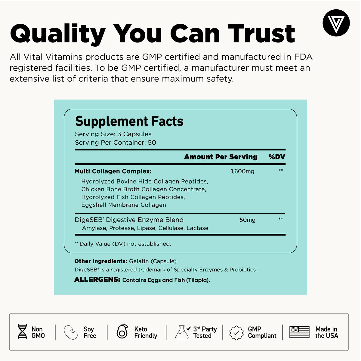 Vital Vitamins Multi Collagen Complex supplement facts - 1600 mg blend of bovine, chicken, fish and eggshell collagen