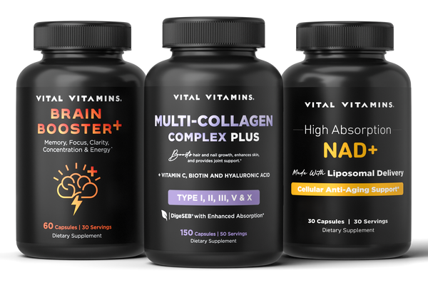 Vital Vitamins Age Defying Bundle — Brain Booster+ for focus and clarity, Multi-Collagen Complex Plus, and High Absorption NAD+ for cellular anti-aging support