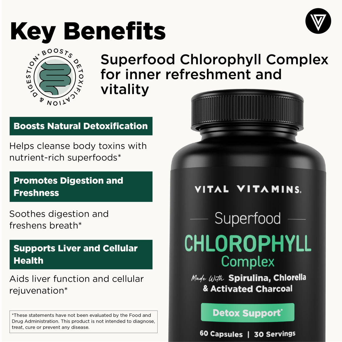 Vital Vitamins Chlorophyll Complex key benefits - boosts natural detoxification, promotes digestion and freshness, supports liver and cellular health