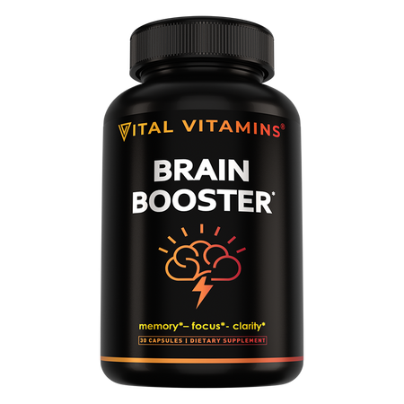 Vital Vitamins Brain Booster bottle - 30-capsule supplement for memory, focus and clarity with brain icon on black label