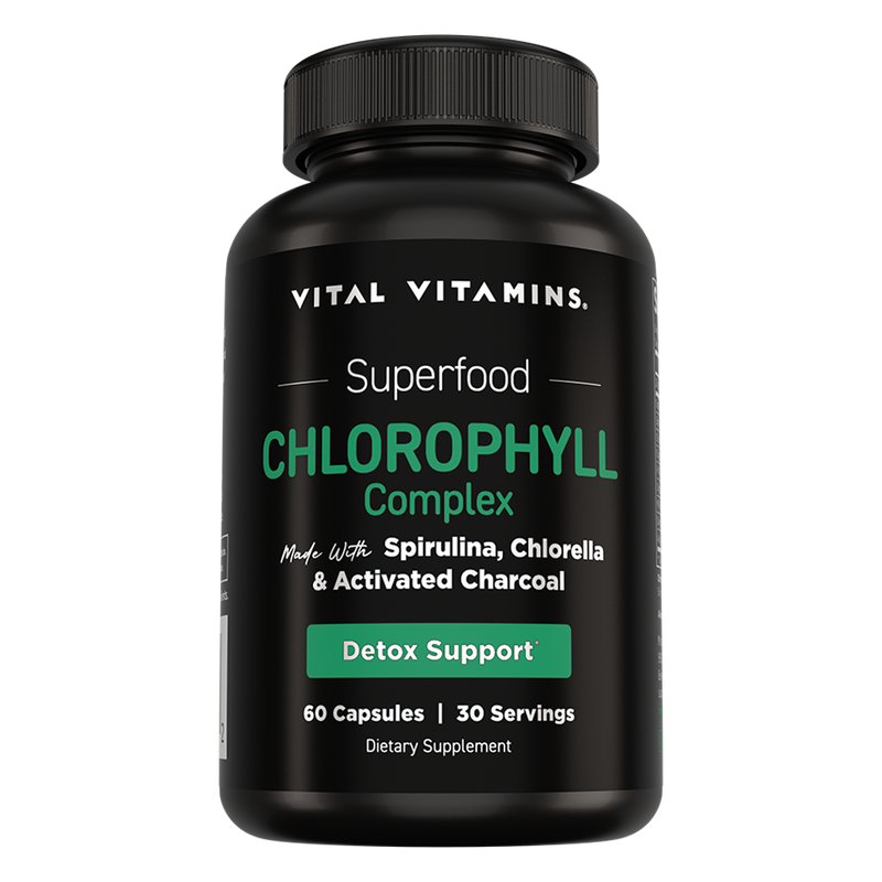 Vital Vitamins Chlorophyll Complex bottle - 60-capsule superfood formula with spirulina, chlorella and activated charcoal for detox support