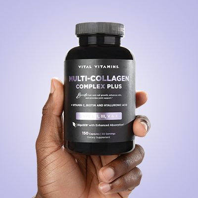 Hand holding Vital Vitamins Multi-Collagen Complex Plus bottle on a purple background - 150-capsule beauty collagen formula
