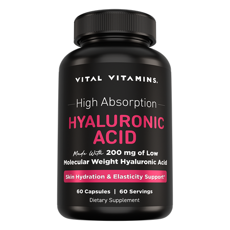 Vital Vitamins Hyaluronic Acid Capsules bottle - 60-capsule 200mg hyaluronic acid supplement with pink label for skin and joints