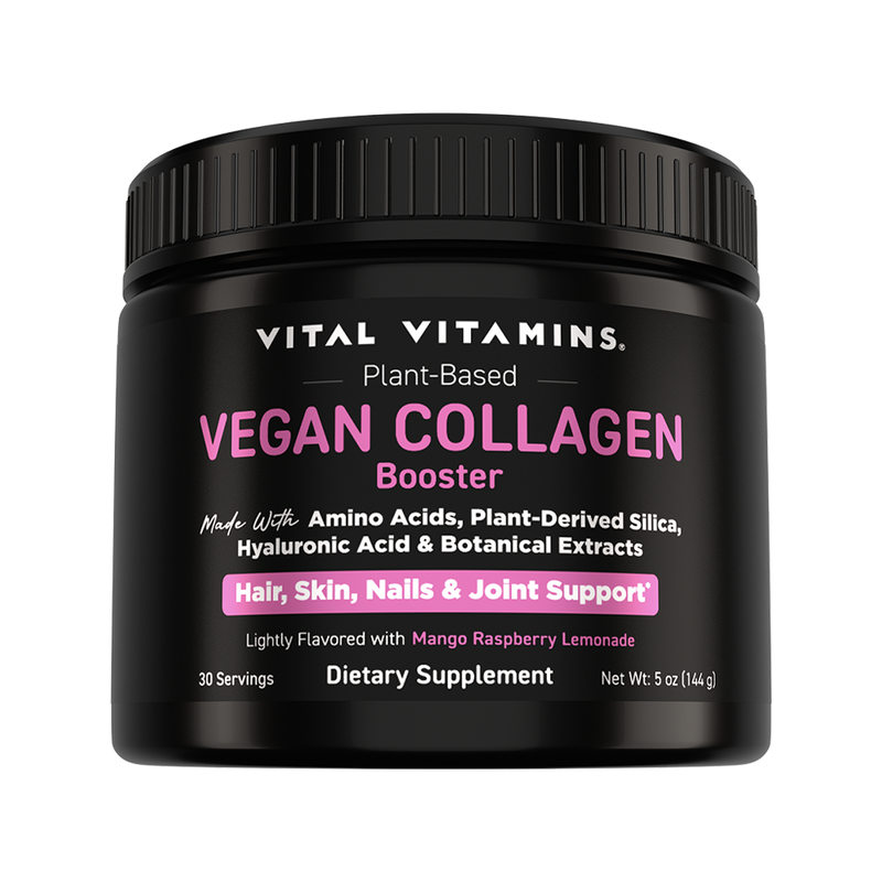 Vital Vitamins Plant-Based Vegan Collagen Booster black jar with pink label, made with amino acids, silica, HA and botanicals, Mango Raspberry Lemonade, 30 servings