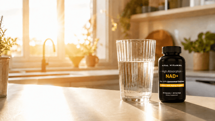 Morning sunlight on a kitchen counter with a glass of water and supplement bottle, representing NAD+ and daily cellular energy
