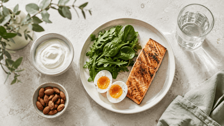 Protein-rich balanced meal with salmon, eggs, greens, and yogurt — key nutrients to prioritize during GLP-1 weight loss