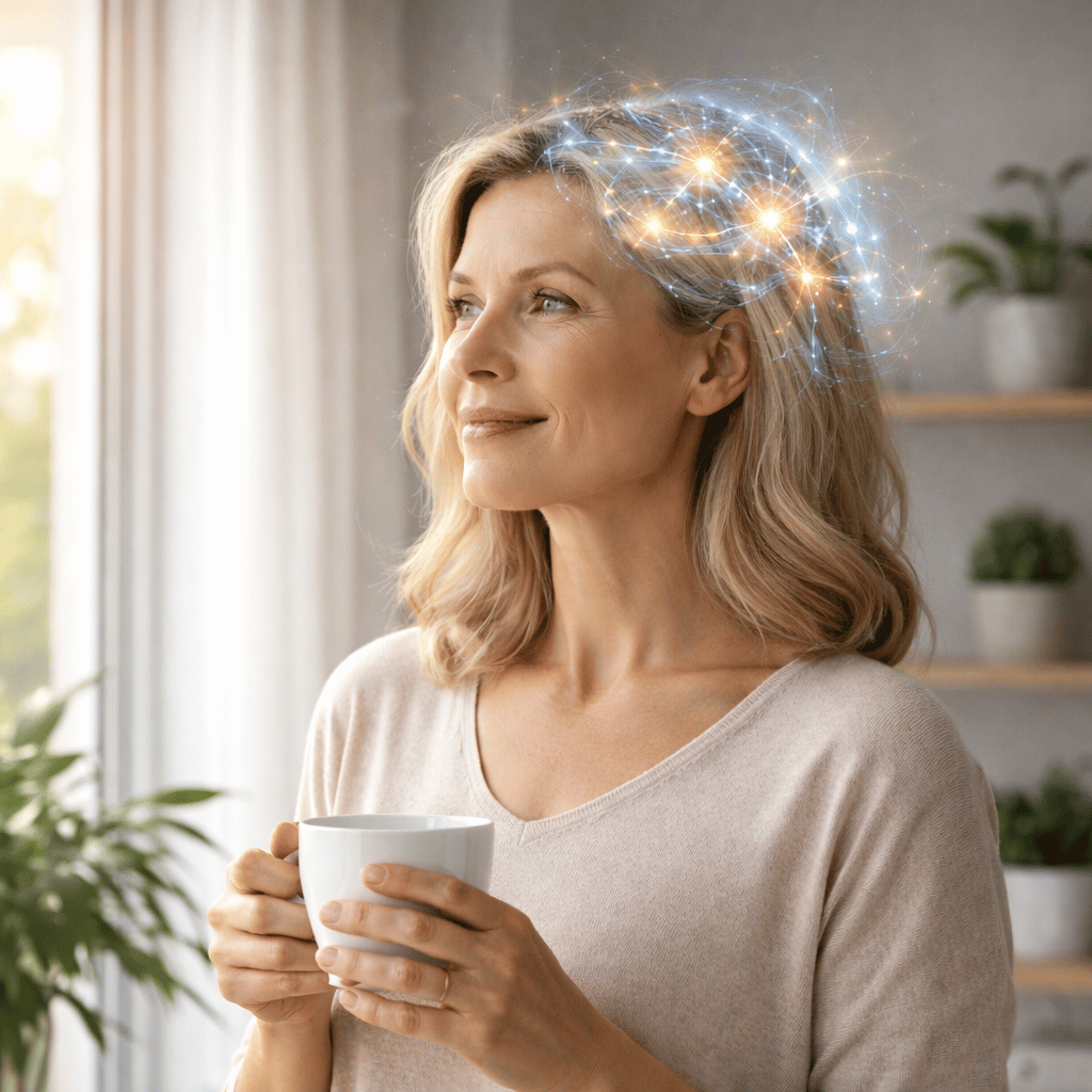 Woman holding a mug by a sunlit window with a glowing brain neural-network overlay, illustrating mental clarity and focus