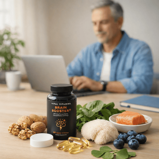 Brain supplement ingredients displayed on a minimalist desk, including an unbranded capsule bottle, walnuts, blueberries, leafy greens, salmon, Lion’s Mane mushroom, and ginkgo leaves, with a focused adult working on a laptop in the background.