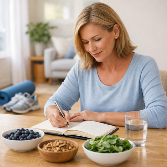 Healthy adult journaling at a bright kitchen table with blueberries, walnuts, leafy greens, and water, representing lifestyle habits that help improve memory naturally.