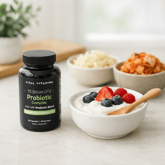 A bottle of Vital Vitamins Probiotic Complex for gut health sitting on a kitchen counter next to a bowl of fresh yogurt with berries, kimchi, and sauerkraut.