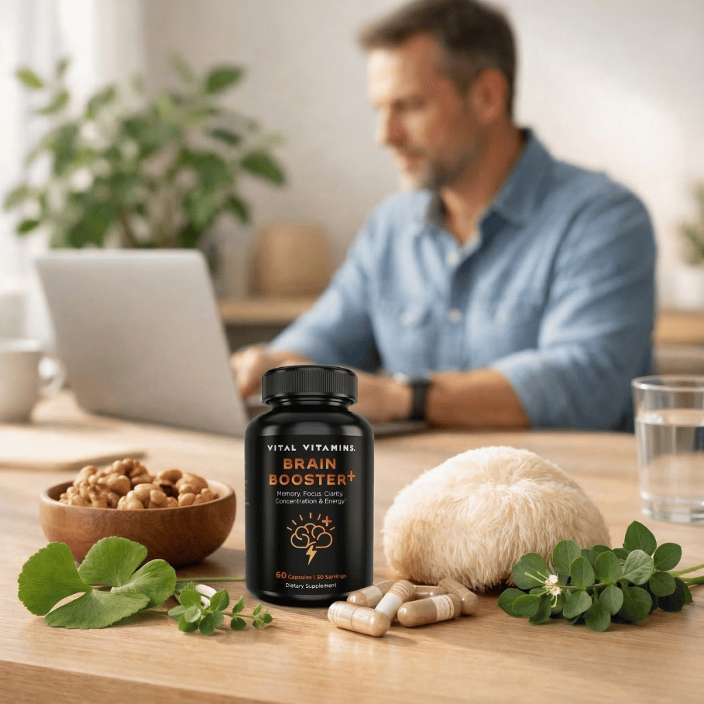 A bottle of 'Vital Vitamins Brain Booster+', next to a natural lion's mane mushroom and scattered nootropics capsules.