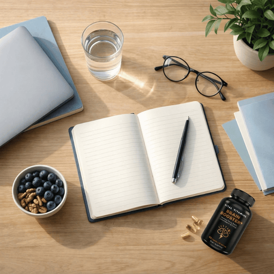 A wood desk viewed from above, surrounded by books and a laptop, showcasing essential items for workplace productivity tips, including an open notebook with a pen, a cup of water, a bottle of Vital Vitamins and a healthy snack of nuts and berries.