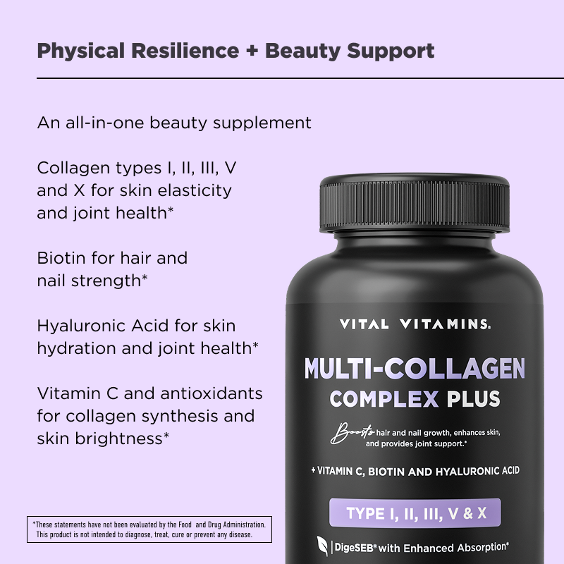 Vital Vitamins Age Defying Bundle lifestyle graphic - physical resilience and beauty support with collagen, brain and NAD+ supplements