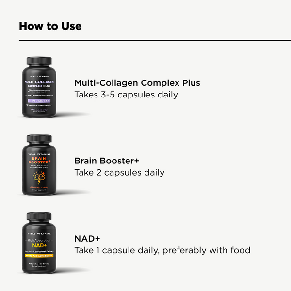 Vital Vitamins Age Defying Bundle how-to-use guide - daily protocol for Brain Booster Plus, Multi Collagen Plus and NAD+