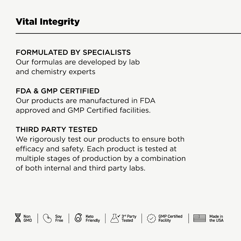 Vital Vitamins Age Defying Bundle quality graphic - third-party tested, GMP certified and made in the USA
