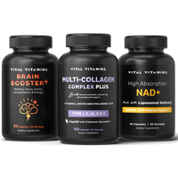 Vital Vitamins Age Defying Bundle showing three black bottles, Brain Booster+, Multi-Collagen Complex Plus and High Absorption NAD+, side by side