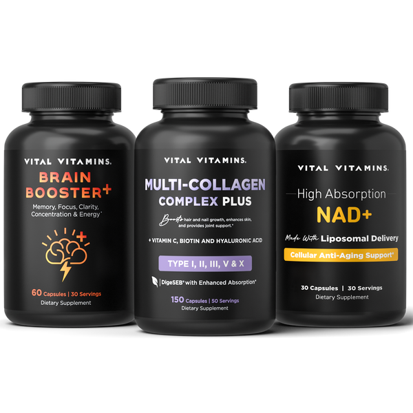 Vital Vitamins Age Defying Bundle showing three black bottles, Brain Booster+, Multi-Collagen Complex Plus and High Absorption NAD+, side by side