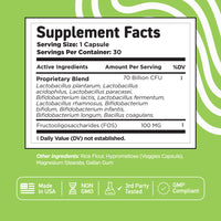 Vital Vitamins Probiotic Complex supplement facts - 70 billion CFU proprietary blend of 9 strains plus 100 mg FOS prebiotic