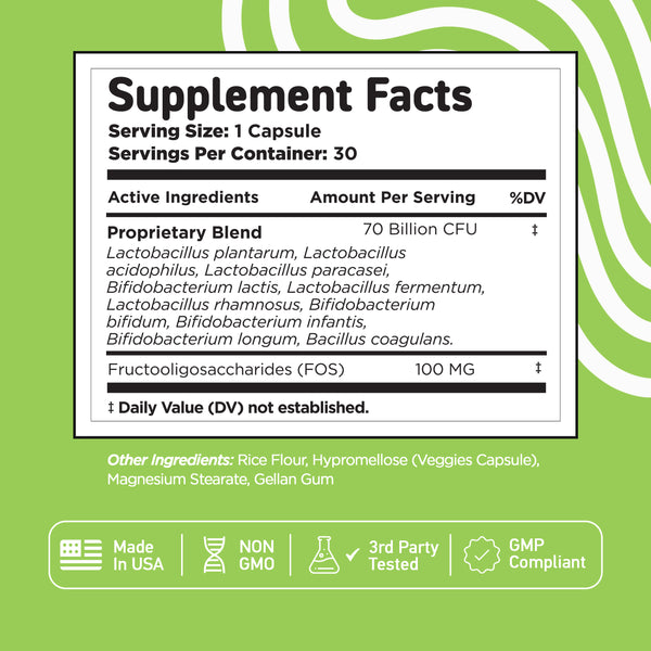 Vital Vitamins Probiotic Complex supplement facts - 70 billion CFU proprietary blend of 9 strains plus 100 mg FOS prebiotic