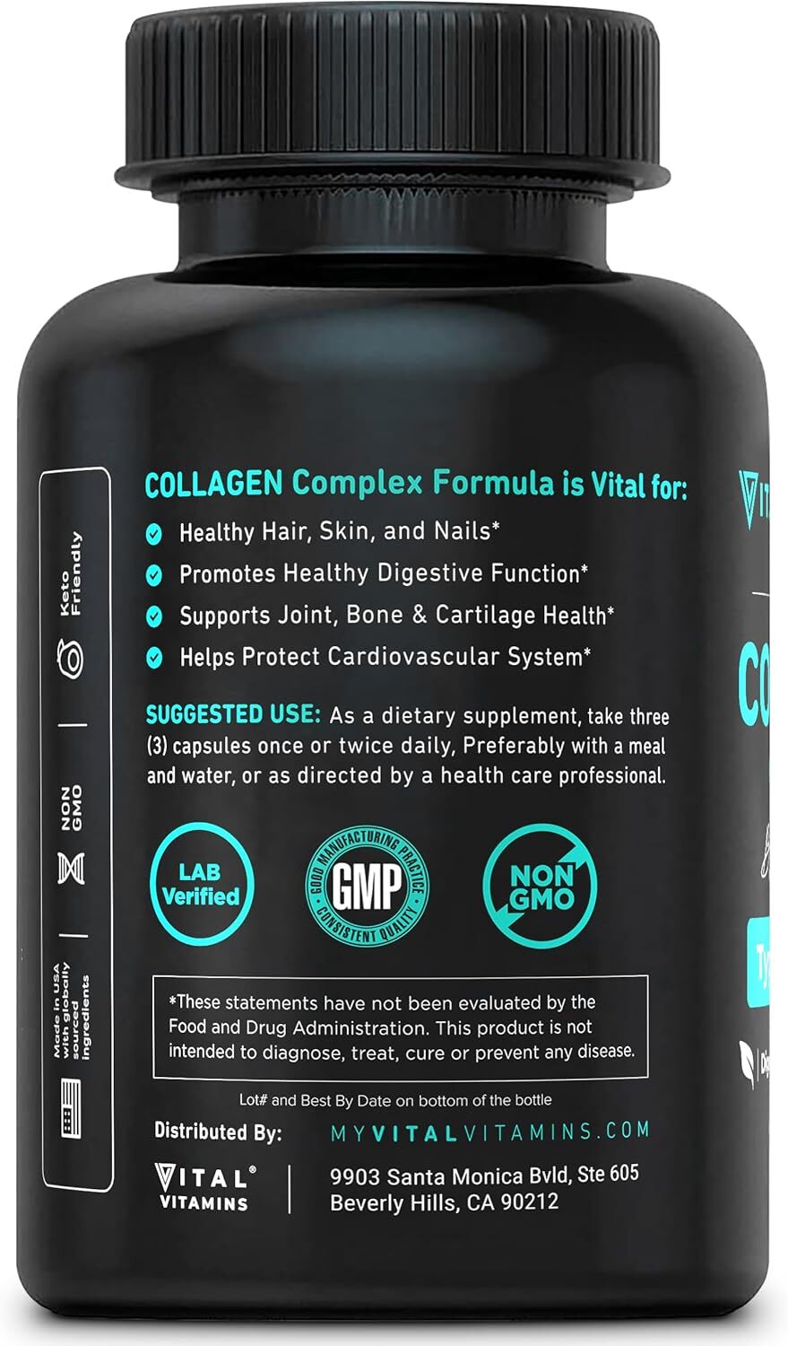 Vital Vitamins Multi Collagen Complex bottle back panel - supports hair, skin, nails, digestion, joint and cardiovascular health