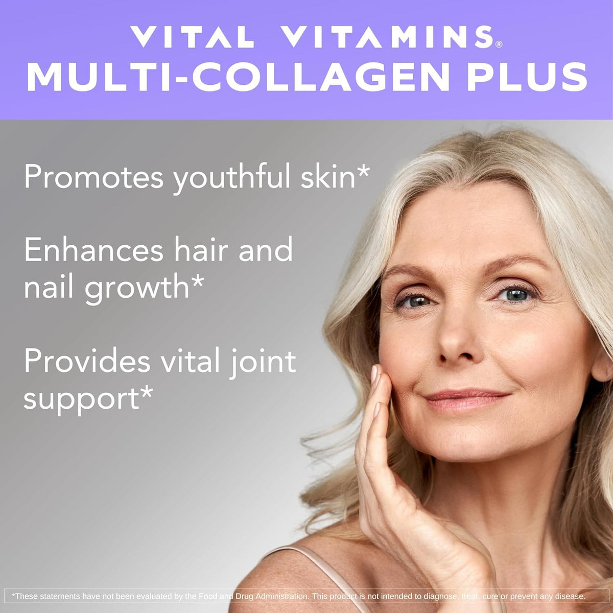 Smiling older woman with glowing skin - Vital Vitamins Multi-Collagen Plus promotes youthful skin, hair, nails and joints