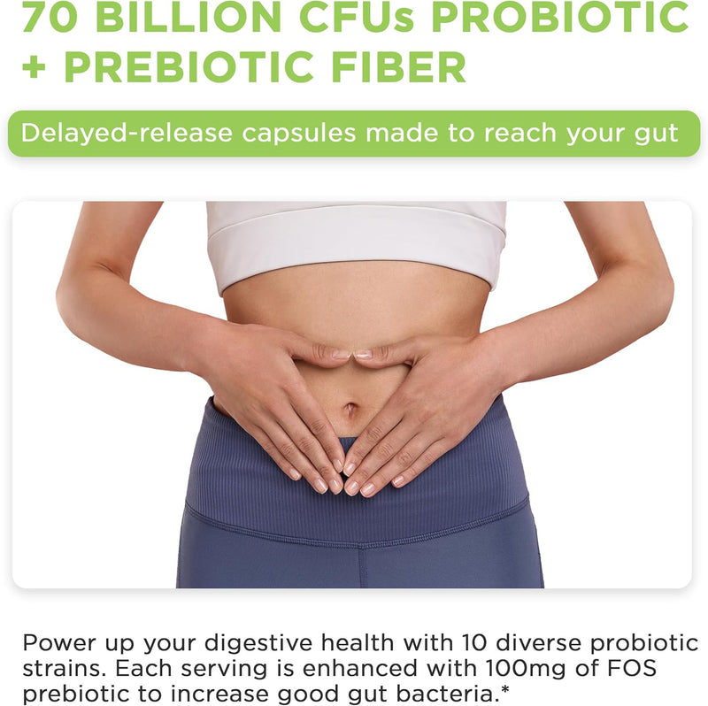 Woman placing hands on stomach - Vital Vitamins 70 Billion CFU Probiotic Complex with delayed-release capsules and prebiotic fiber
