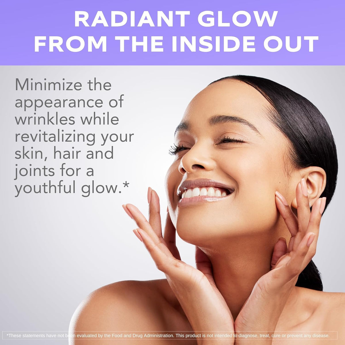 Smiling young woman with radiant skin - Vital Vitamins Multi-Collagen Complex Plus supports a youthful, radiant glow and visible skin vitality