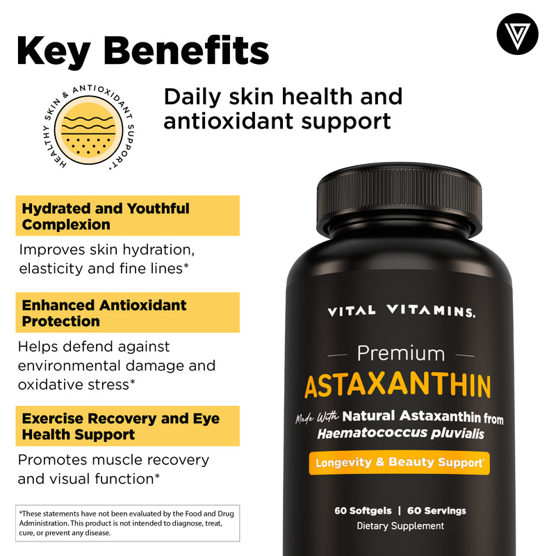 Vital Vitamins Astaxanthin key benefits graphic - antioxidant protection, skin radiance, eye health and cellular defense
