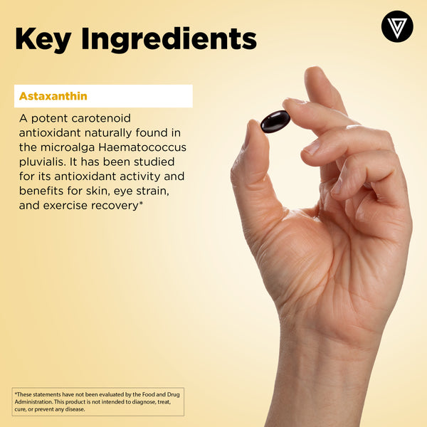 Hand holding a dark red Astaxanthin softgel on dark background - Vital Vitamins 12mg natural astaxanthin supplement